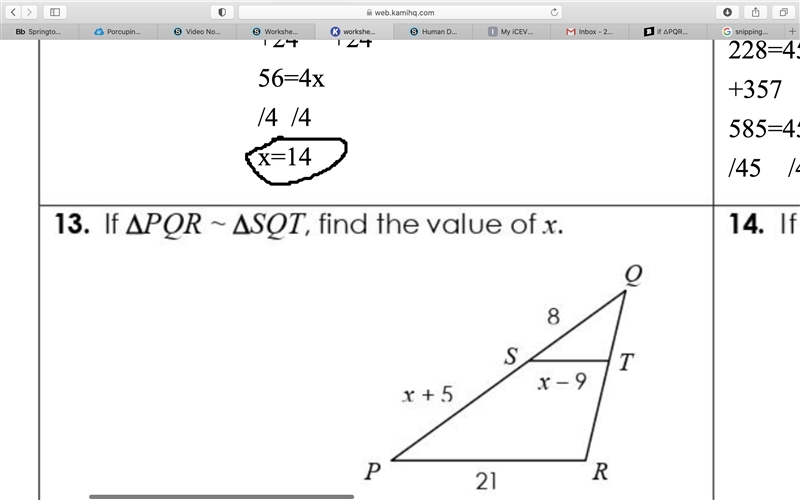 If △PQR ~ △SQT, find the value of x.-example-1