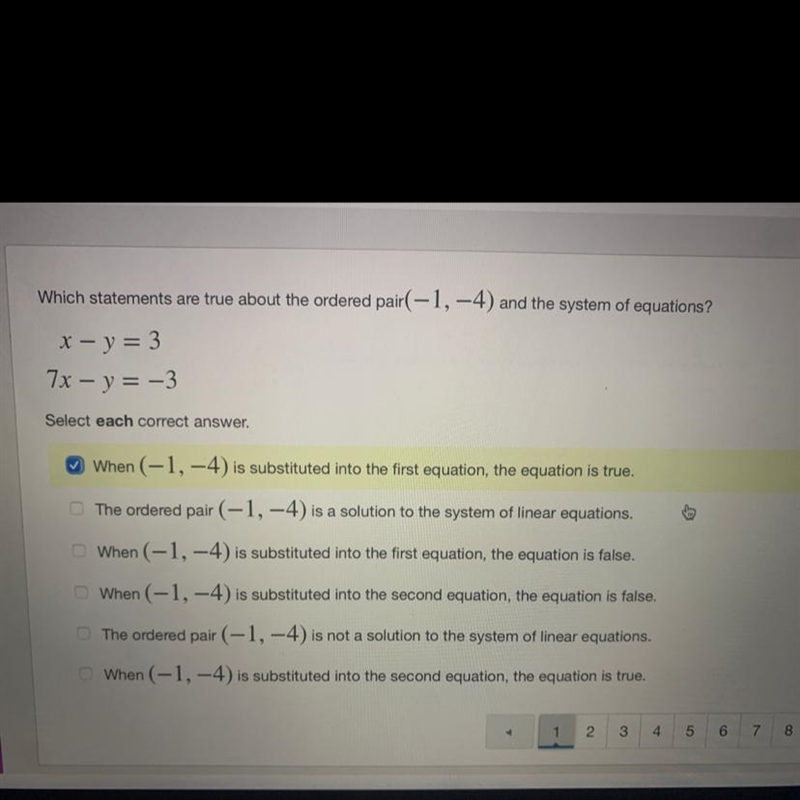 Which statements are true about the ordered pair(-1, -4) and the system of equations-example-1