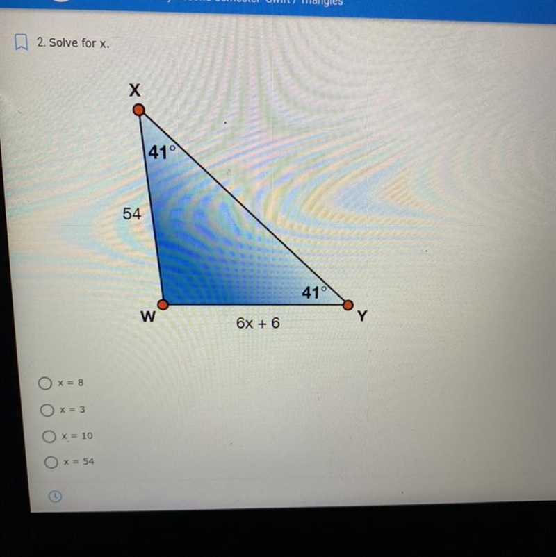 2. Solve for x. X 41° 54 41° W 6x + 6-example-1