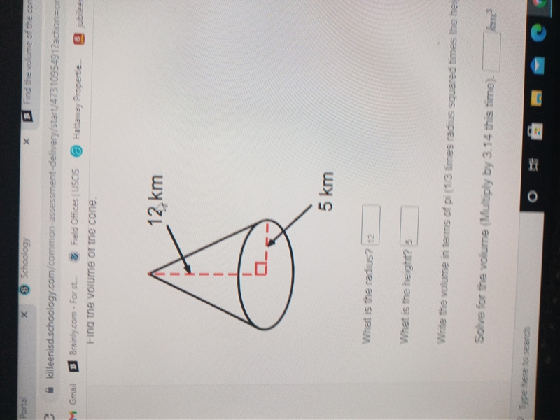 Find the volume of the cone. What is the radius? 12 What is the height? 5 Write the-example-1