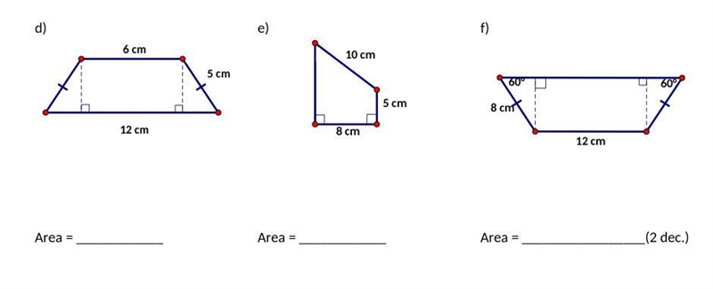 Determine the area of the following trapezoids. (Hint): A = 1/2(b1 + b2)(h)-example-1