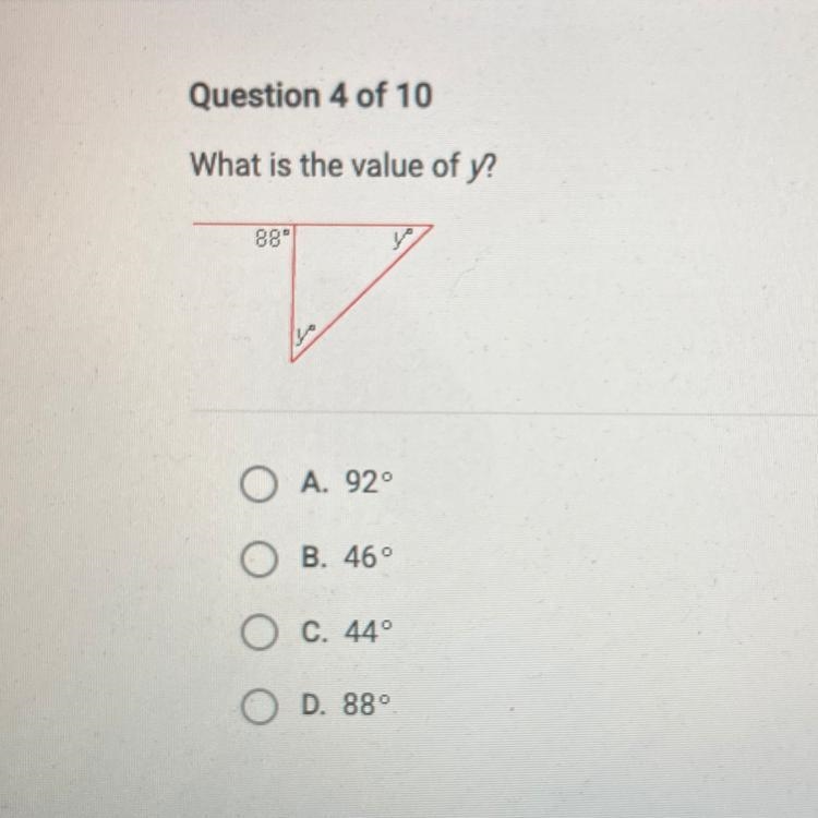 Question 4 of 10 What is the value of y? A. 920 B. 460 C. 440 D. 889-example-1