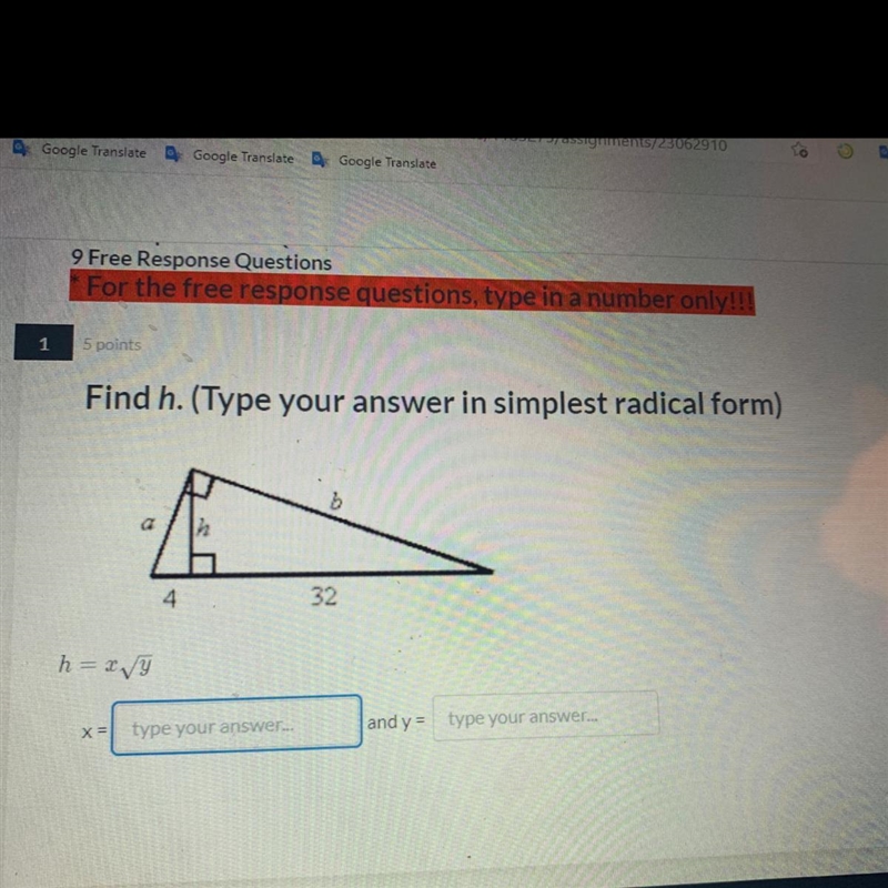 Find h.(Type your answer in simplest radical form)-example-1