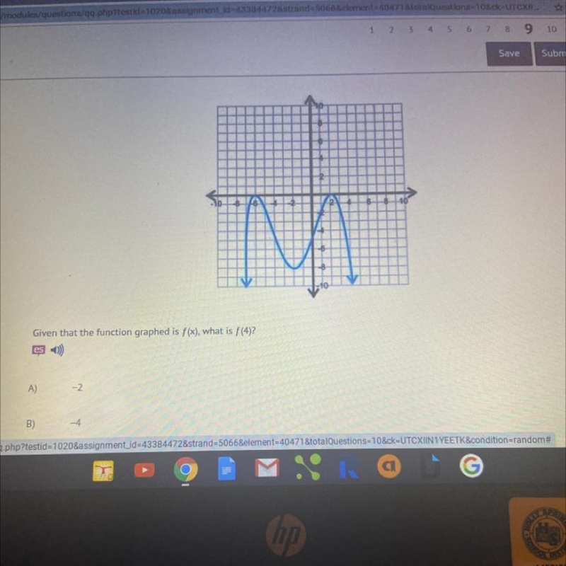 9 10 Save Submit Given that the function graphed is f(x), what is f(4)? A) -2 B) 4 o-example-1