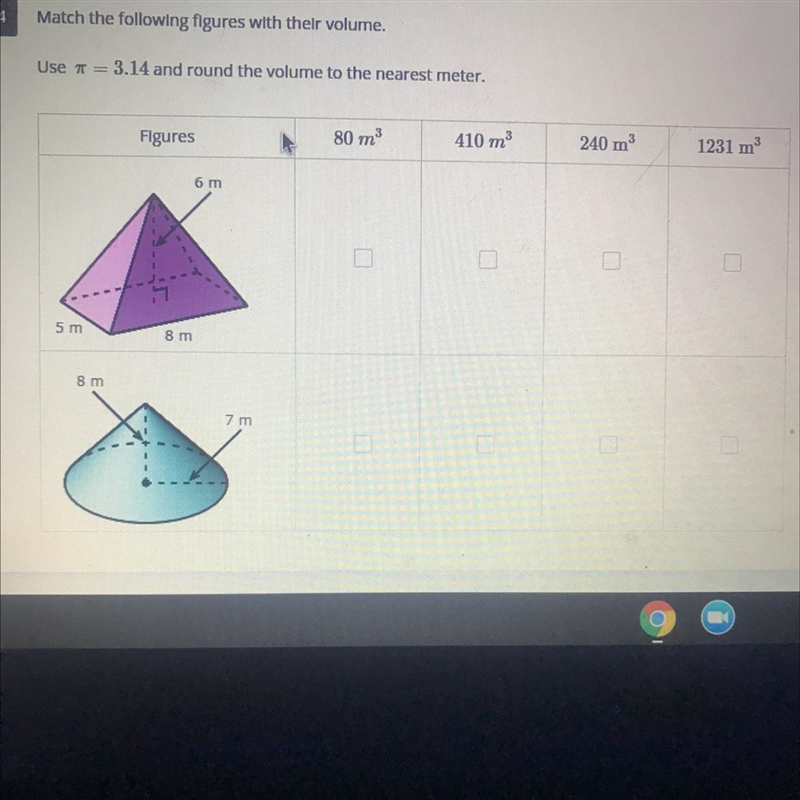 Match the following figures with their volume use 3.14 and round the volume to the-example-1