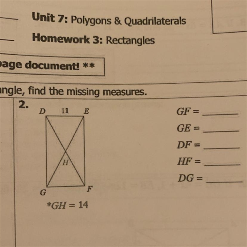 Unit 7: Polygons & Quadrilaterals Homework 3: Rectangles-example-1