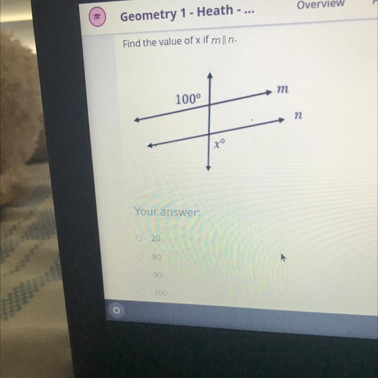 Find the value of x answers: 20 80 90 100-example-1