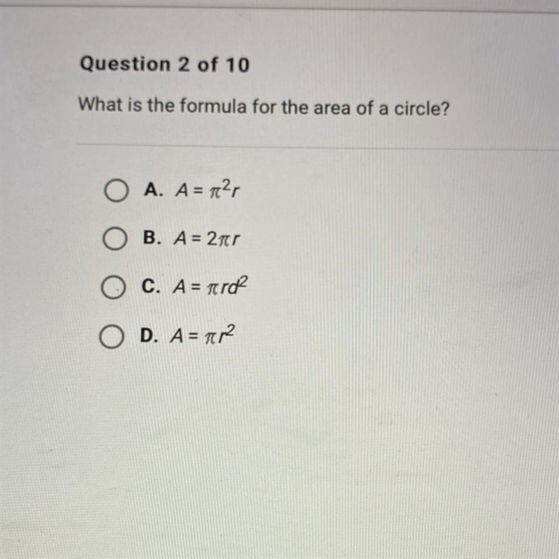 What is the formula for the area of a circle? O A. A = 727 O B. A = 20 O C. A = terd-example-1