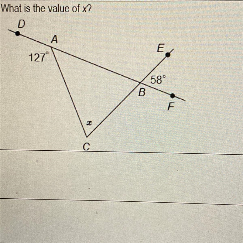 What is the value of x? Find the missing angle measurement.-example-1