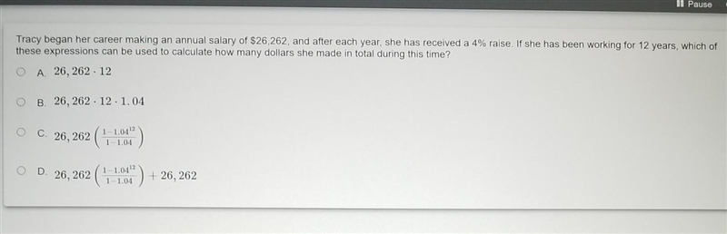 Tracy began her career making an annual salary of $26,262, and after each year, she-example-1