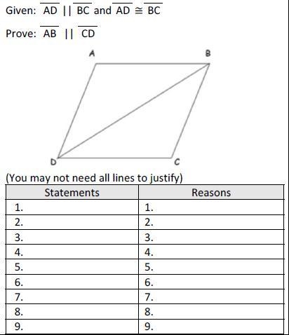 Given: AD || BC and AD ≅ BC Prove: AB || CD-example-1