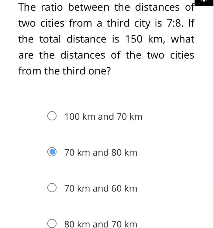 The ratio between the distances of two cities from a third city is 7:8. If the total-example-1