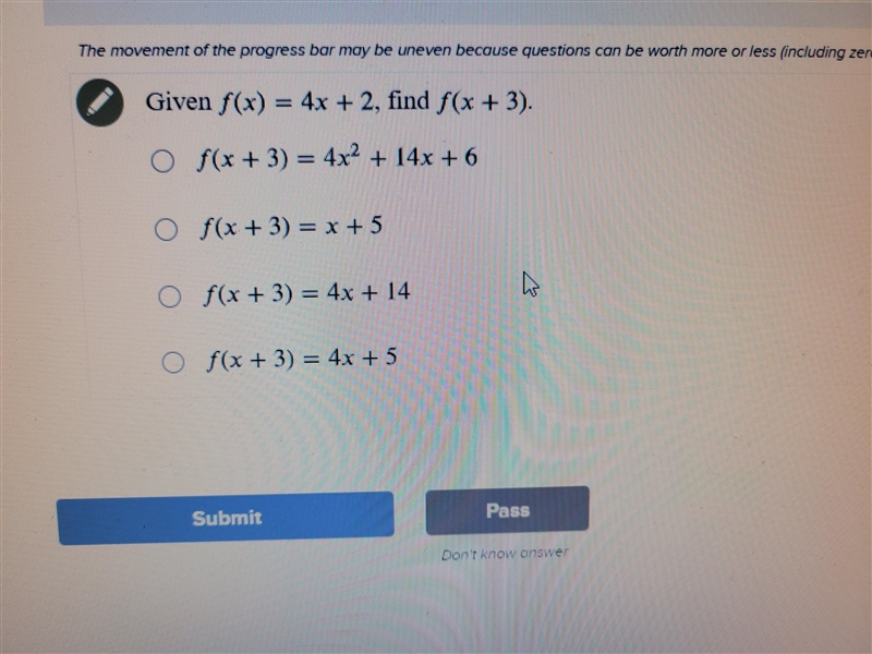 Given f(x) = 4x+2 find f(x+3)-example-1