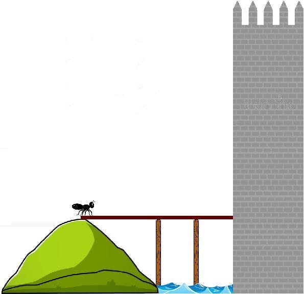 An ant stands atop a grassy hill looking at a castle. A horizontal bridge 20 feet-example-1