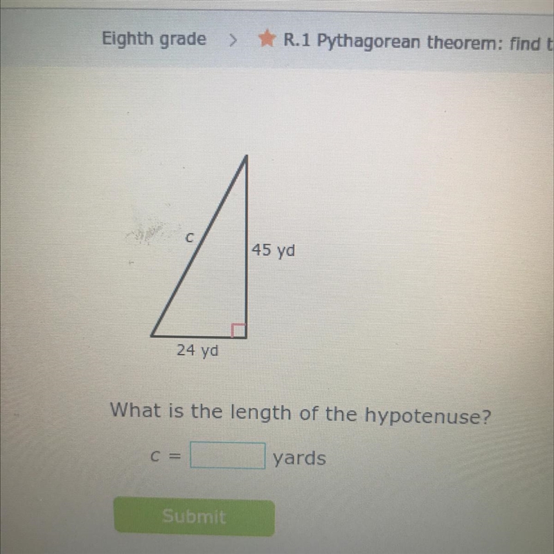 45 yd 24 yd What is the length of the hypotenuse?-example-1