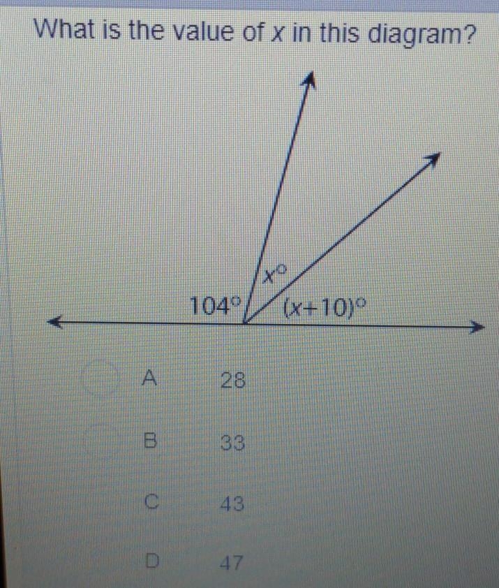 What is the value of x in this diagram? fo 1040 (x+10) 0 DO 43​-example-1