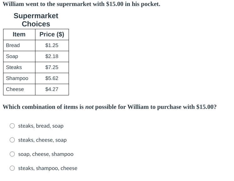 William went to the supermarket with $15.00 in his pocket. Supermarket Choices Item-example-1