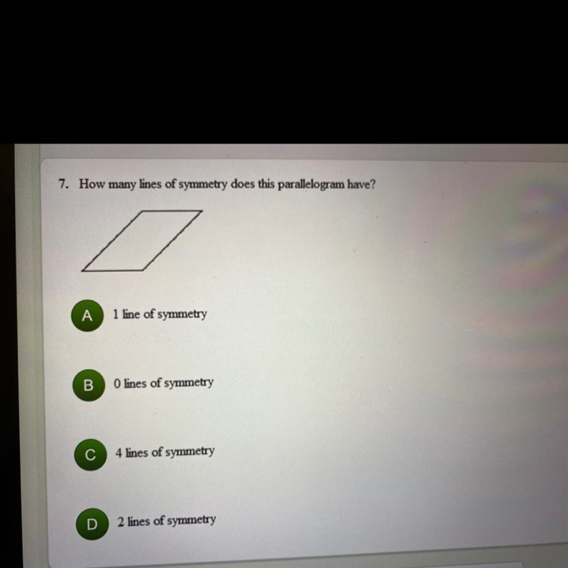 How many lines of symmetry does this parallelogram have-example-1