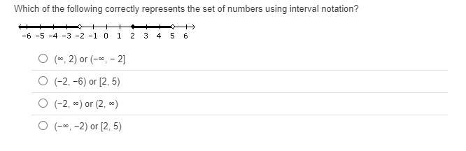 Which of the following correctly represents the set of numbers using interval notation-example-1