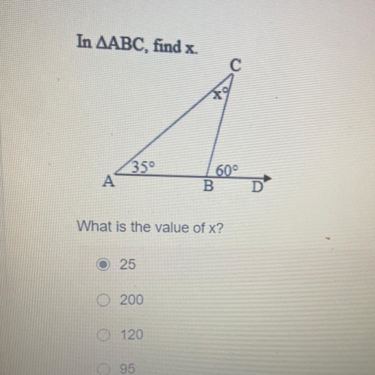 In ABC, find x. A is 35° B is 60° C is x What’s x?-example-1