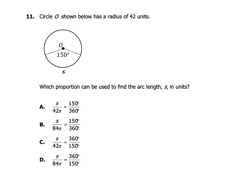 Which proportion can be used to find the arc length, s, in units?-example-1