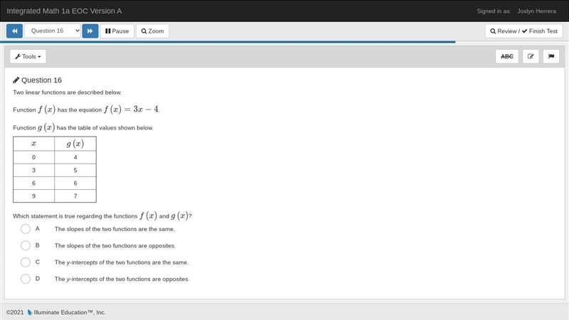 Two linear functions are described below. Function f(x) has the equation f(x)=3x−4. Function-example-1