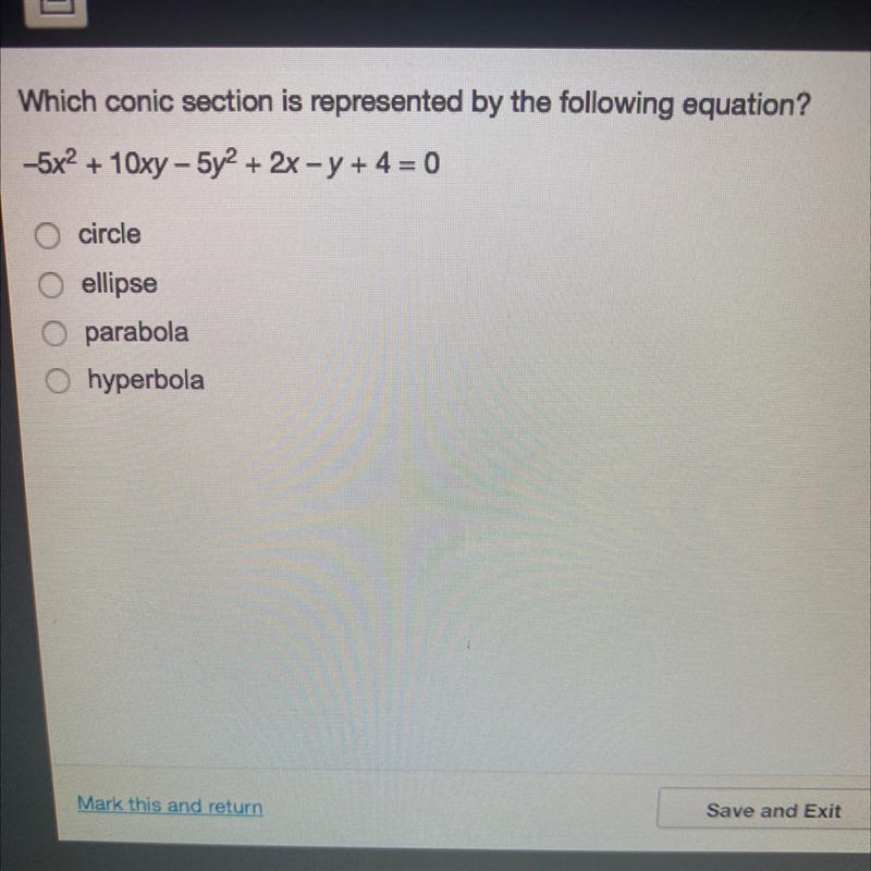 Which comic section is represented by the following equation ? circle ellipse parabola-example-1