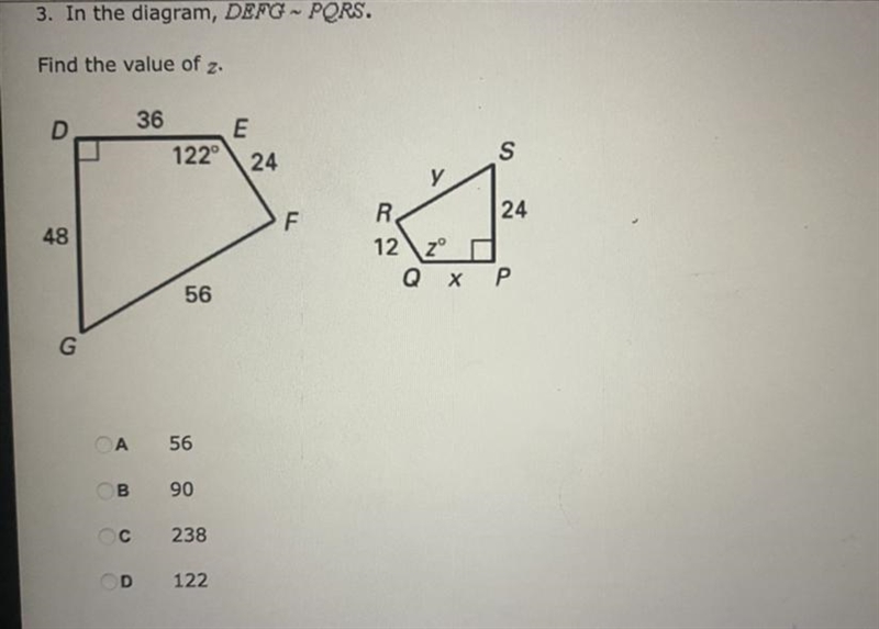 Find the value of z. A. 55 B. 90 C. 238 D. 122-example-1