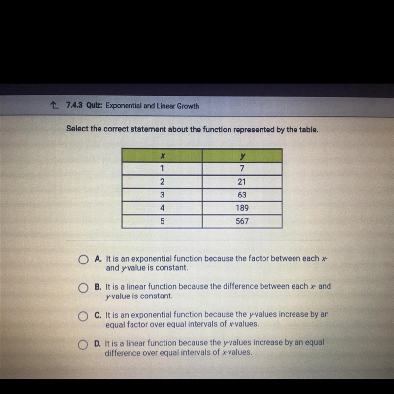 Select the correct statement about the function represented by the table. Plz help-example-1