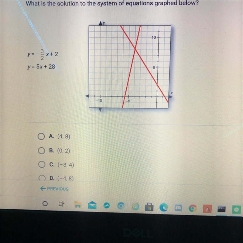 What is the solution to the system of equations graphed below? y--x+2 y= 5x+ 28 OA-example-1