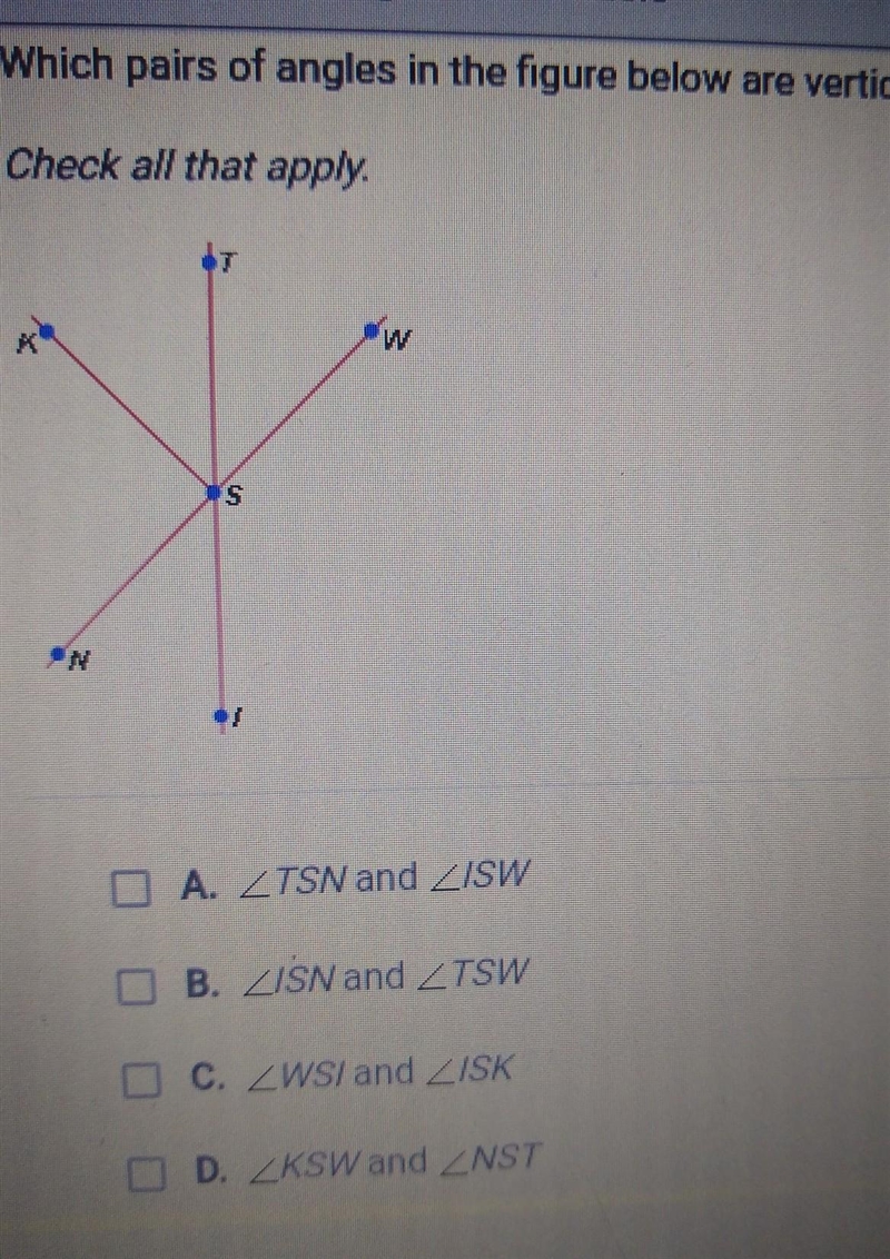 Which pairs of angels in the figure below are vertical angles?​-example-1