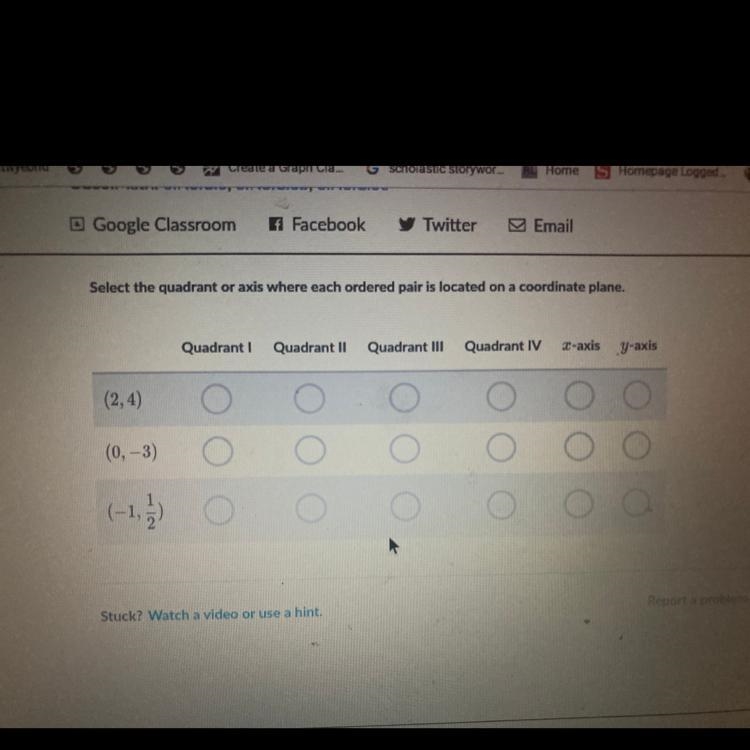 Select the quadrant or axis where each ordered pair is located on a coordinate plane-example-1