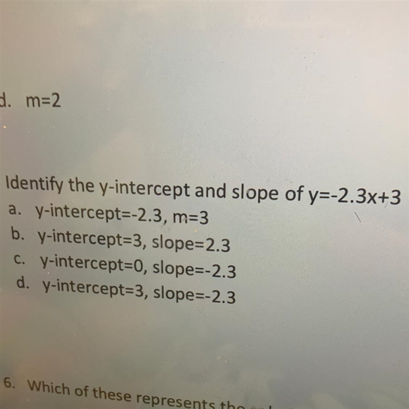 Identify the y-intercept and slopd of y=-2.3x+3-example-1