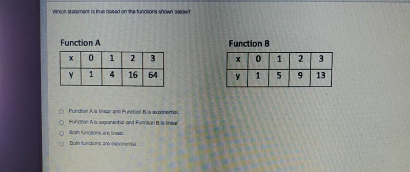 A. Function A is linear and Function B is exponential. B. Function A is exponential-example-1