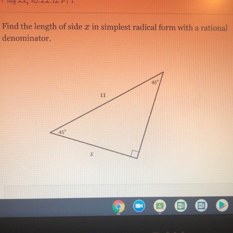 Find the length of side x in simplest radical form with a rational denominator.-example-1