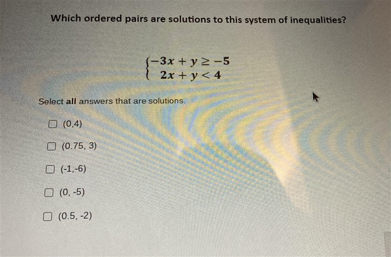 Which ordered pairs are solutions to this system of inequalities?-example-1