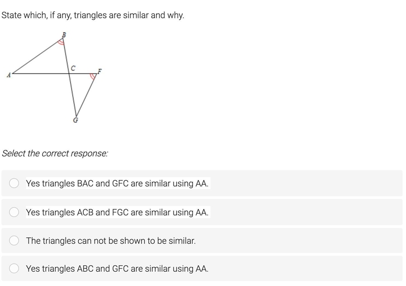 State which, if any, triangles are similar and why.-example-1