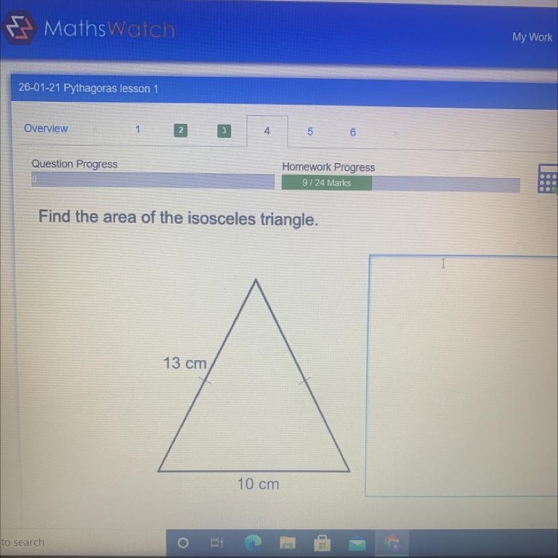 Find the area of the isosceles triangle. 13 cm is the side length 10 cm is the base-example-1