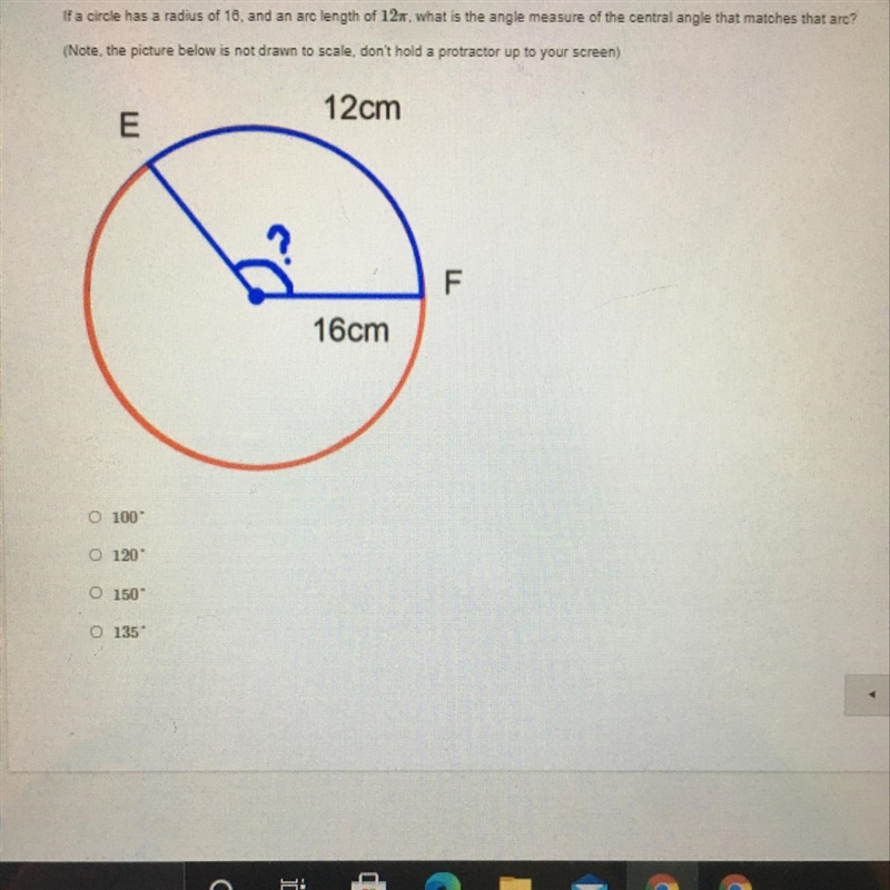 If a circle has a radius of 16, and an arc length of 12, what is the angle measure-example-1