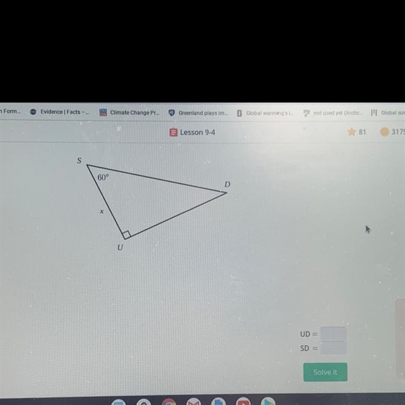 DUS is a 30°-60°-90° triangle with short leg SU. If SU = x, determine the length of-example-1