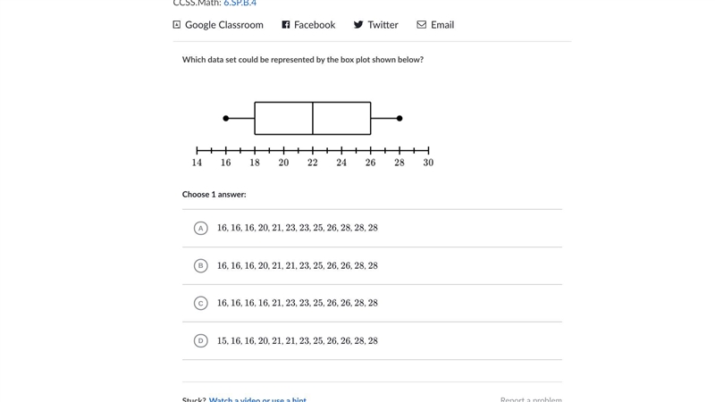 Which data set could be represented by the box plot shown below?-example-1