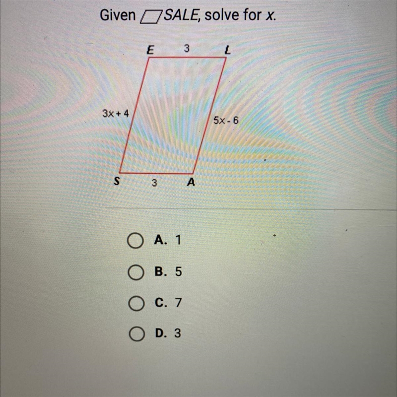 Given OSALE, solve for x. 3 3x + 4 5x-6 S 3 A-example-1