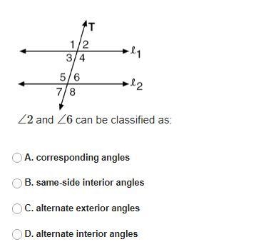 ∠2 and ∠6 can be classified as: A. corresponding angles B. same-side interior angles-example-1