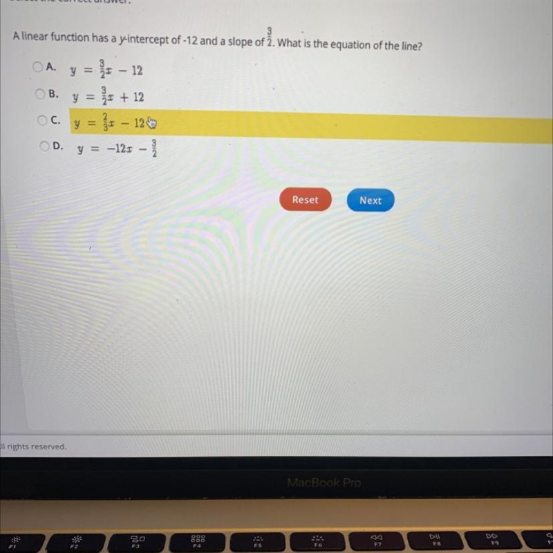 A linear function has a y-intercept of -12 and a slope of 3/2 what’s is the equation-example-1