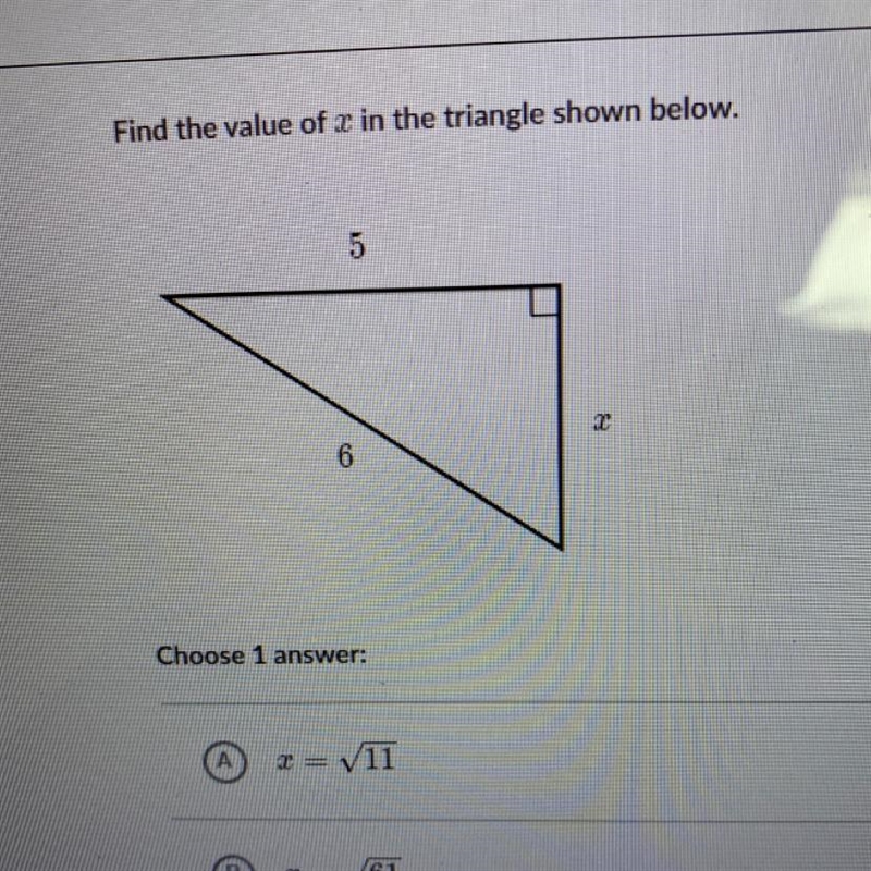 Find the value of x in the triangle shown below. 5 x 6-example-1