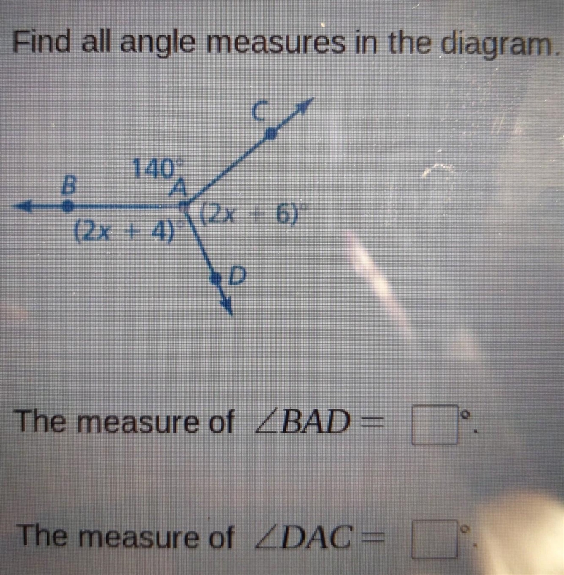 Find all angle measures in the diagram. The measure of BAD= ? The measure of DAC= ? ​-example-1