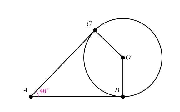 Angle A is circumscribed about circle O. What is the measure of angle O? [picture-example-1