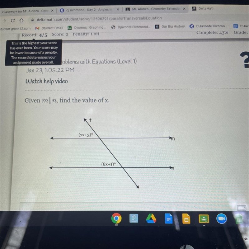 Given m|n, find the value of x. t (7x+3) m (8x+1)°-example-1