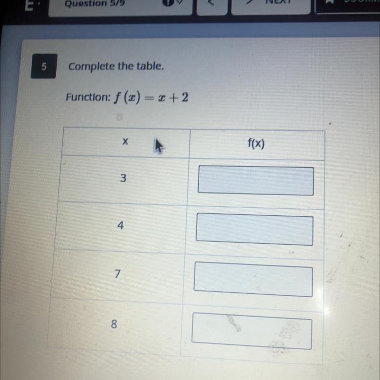 Complete the table. Function: f (x) = x+2-example-1