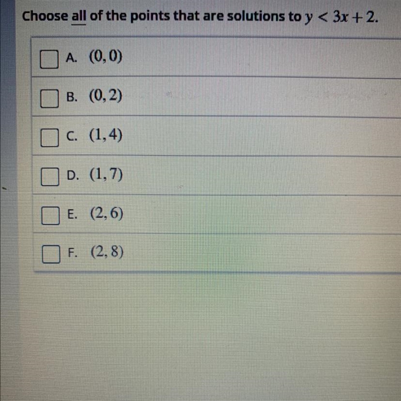 Choose all of the points that are solutions to y<3x+2: A. (0,0) B. (0,2) C. (1,4) D-example-1